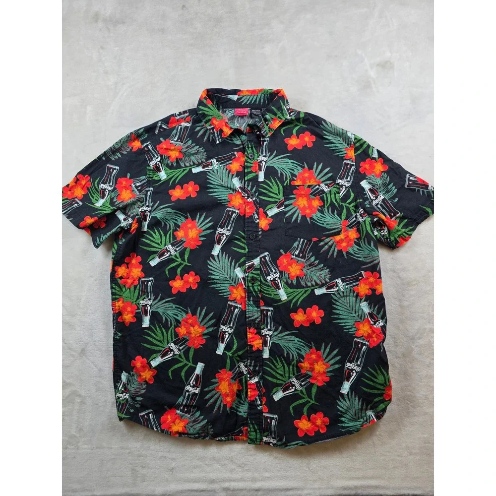 Coca-Cola Camp Shirt Mens Large Black Tropical Aloha Floral Button Vintage
